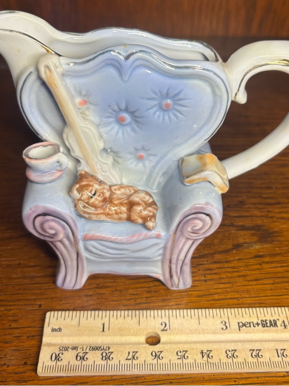 Miniature Cat in Armchair Pitcher/Creamer/Vase in Light Blue and Pink